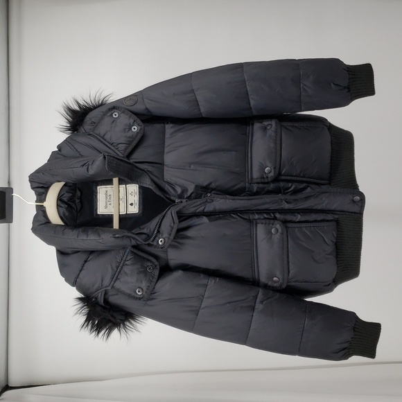 Abercrombie & Fitch Black Puffer Coat With Detachable Faux Fur-Lined Hooded M - Picture 1 of 12